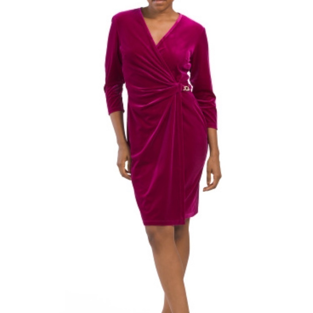 ANNE KLEIN Classic Wrap Stretch Velvet Dress With Rhinestone Chain Buckl…